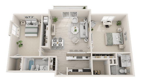 A 3D floor plan of a house with a kitchen, living room, dining room, and bedrooms.